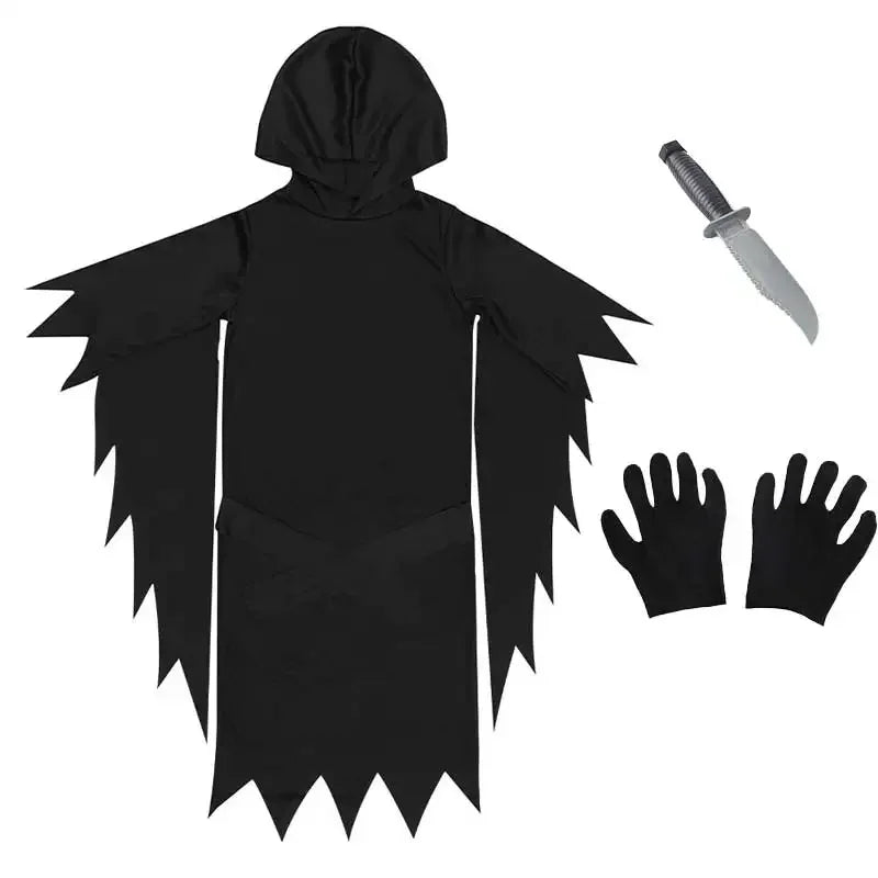 Kids Scream Costume Halloween 2025 featuring a black hooded outfit with claw gloves and a toy knife