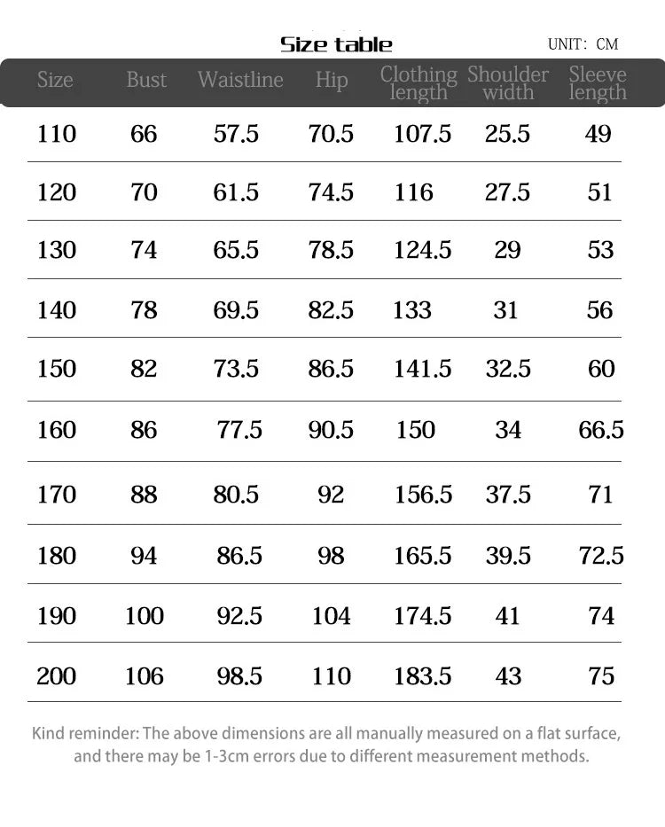 Size chart for Superman costume with cape for Kids in CM measurements for various sizes