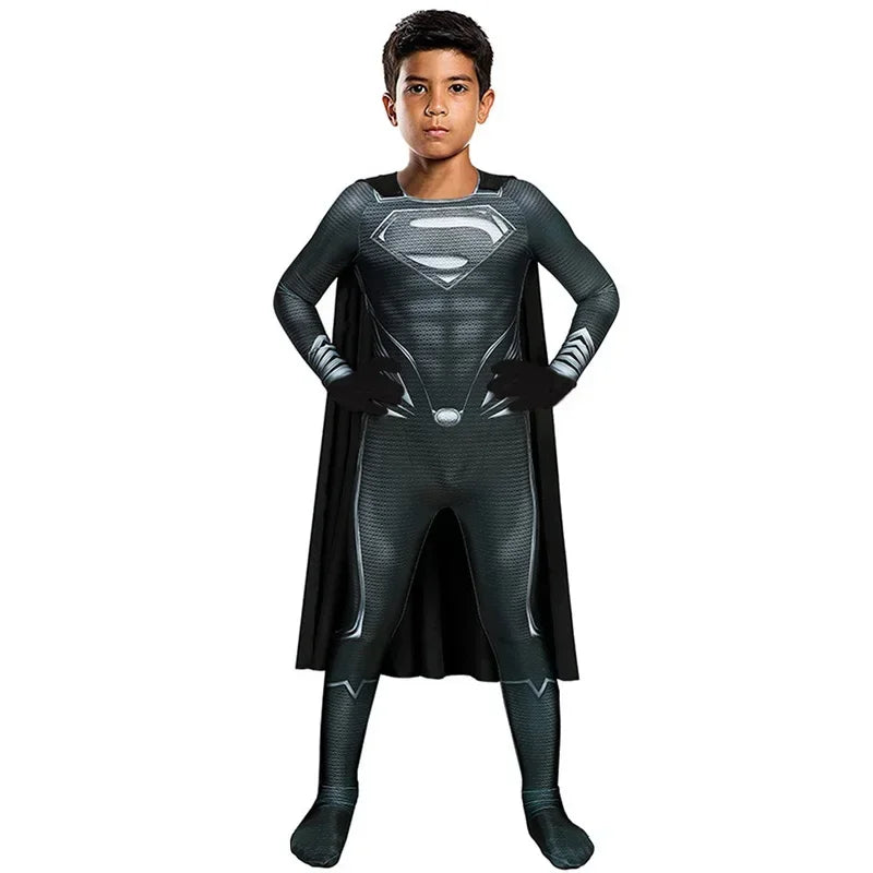 Kids wearing a Superman costume with cape for Kids featuring an iconic design and flexible fit