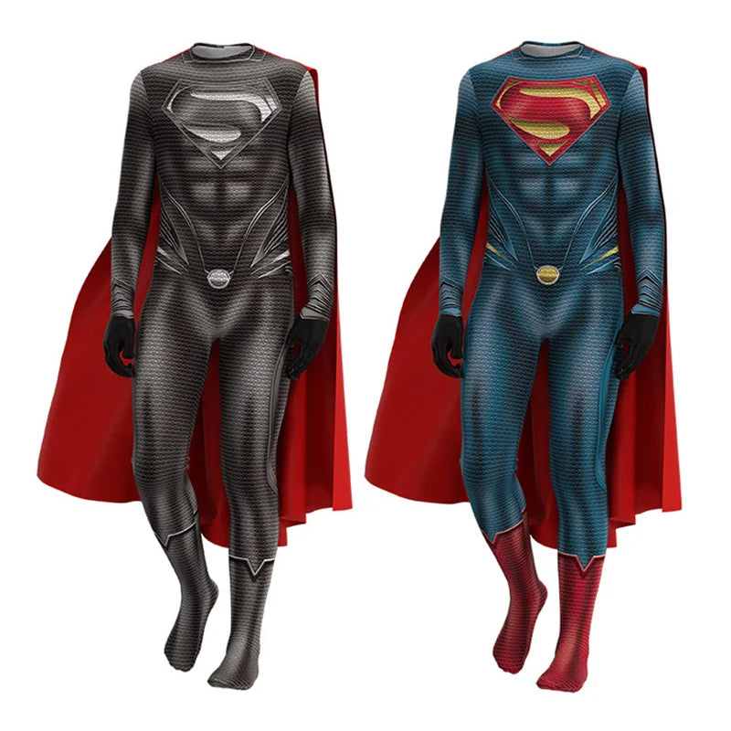 Superman costume with cape for Kids featuring two color variations and detailed superhero design