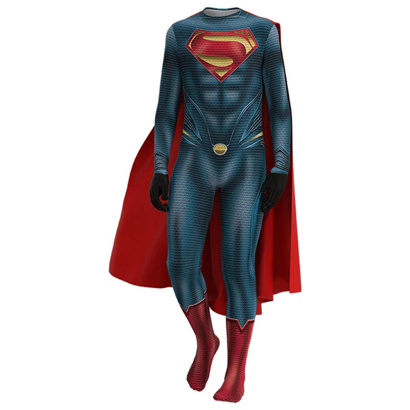 Superman costume with cape for Kids featuring a vibrant blue bodysuit and red cape