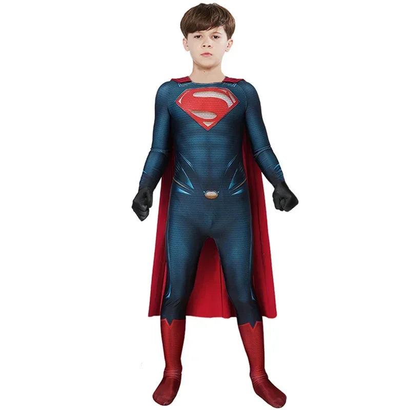 Superman costume with cape for Kids featuring a blue bodysuit and vibrant red cape