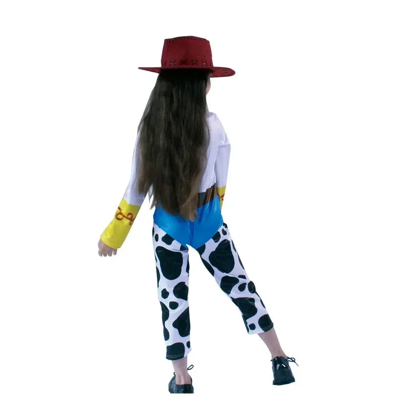Kids Toy Story Jessie cosplay outfit featuring a cow-print design and a red cowboy hat for playful adventures