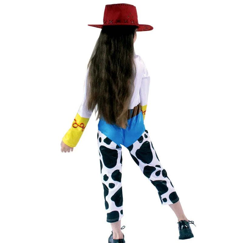 Kids Toy Story Jessie cosplay outfit featuring cow-print pants and a red hat for playful dress-up