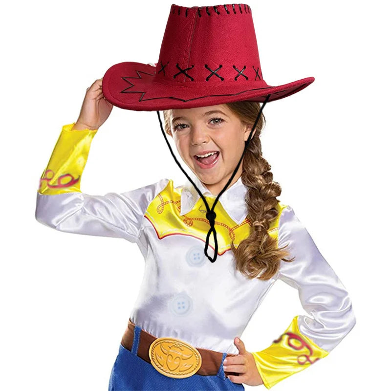Kids Toy Story Jessie cosplay outfit featuring a cowboy hat and a colorful shirt for dress-up fun