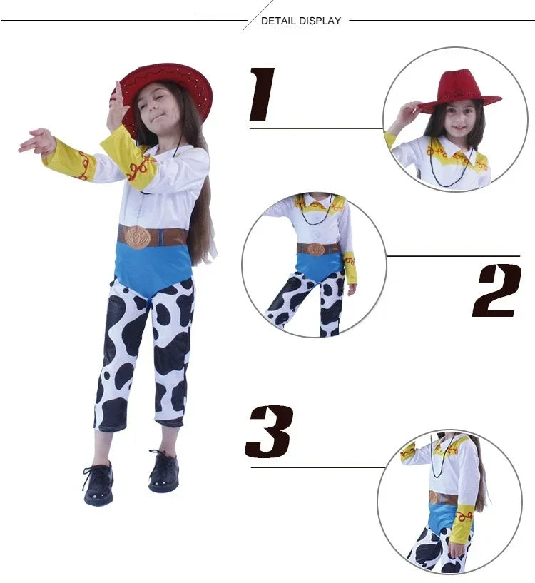 Kids Toy Story Jessie cosplay outfit with cow print pants and red cowboy hat for dress-up fun