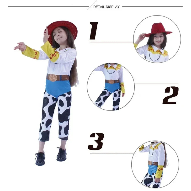 Kids Toy Story Jessie cosplay outfit featuring a cowgirl shirt, blue belt, and cow print pants