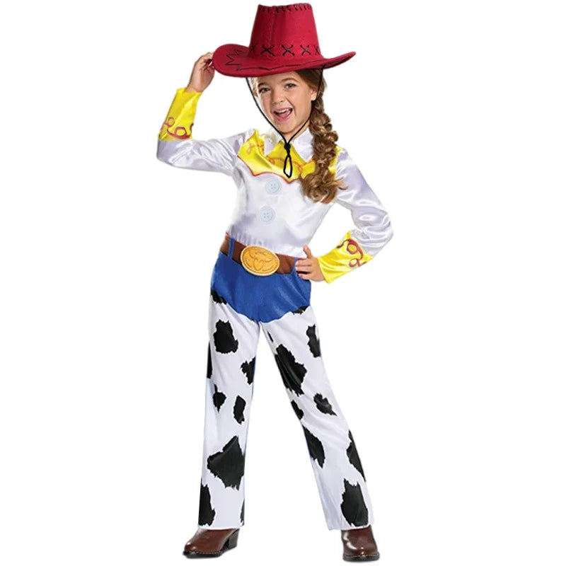 Kids Toy Story Jessie cosplay outfit with cow print pants and a yellow shirt for dress-up play
