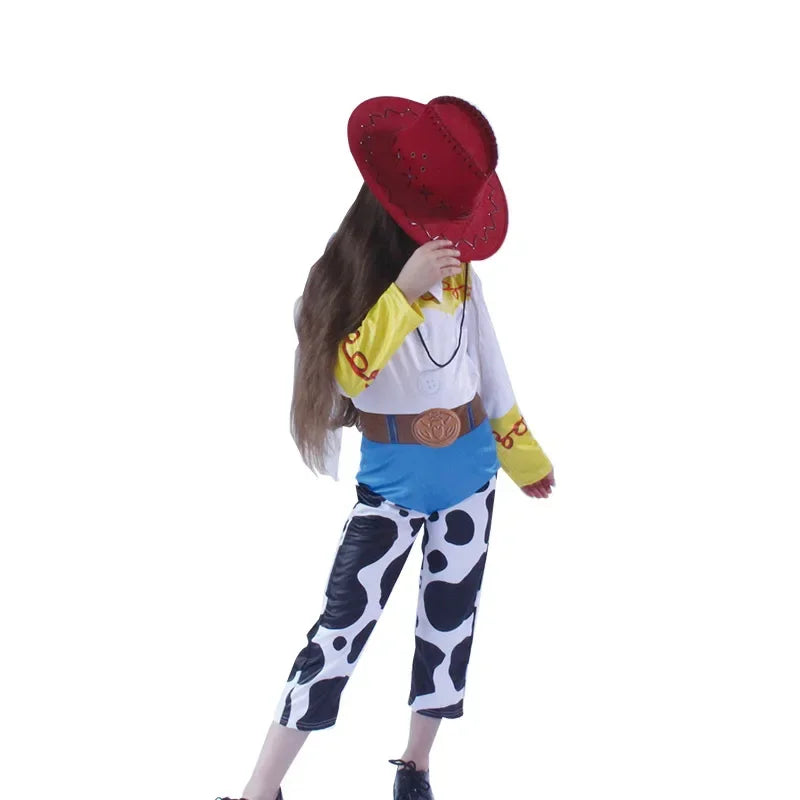 Girl wearing kids Toy Story Jessie cosplay outfit with red cowboy hat and cow-print pants