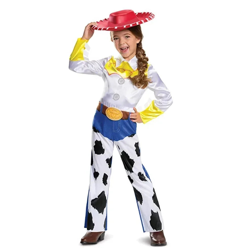 Kids Toy Story Jessie cosplay outfit featuring a white blouse, yellow accents, and cow-print pants