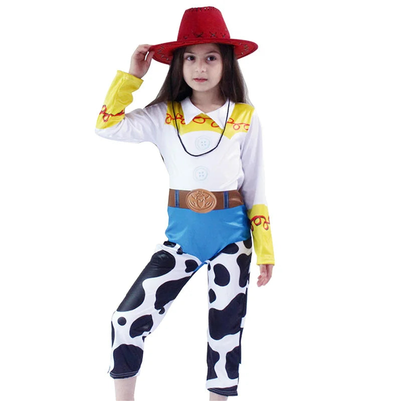 Kids Toy Story Jessie cosplay outfit with a white top, cow print pants, and a red cowgirl hat