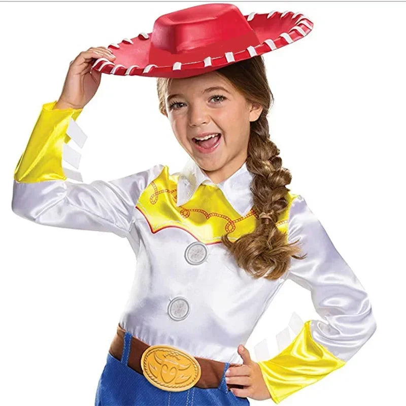 Girls in kids Toy Story Jessie cosplay outfit with red hat and yellow accents for dress-up fun