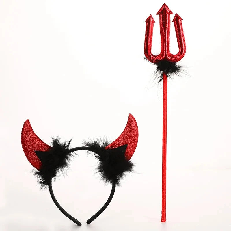 Sparkly red devil horns headband and trident set for kids vampire Halloween costume
