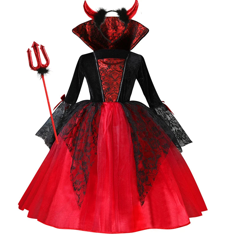 Kids vampire Halloween costume features a black and red dress with lace details and a matching headpiece