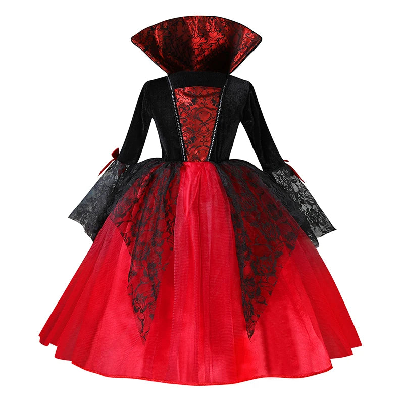 Kids vampire Halloween costume featuring a black and red dress with lace details and dramatic collar