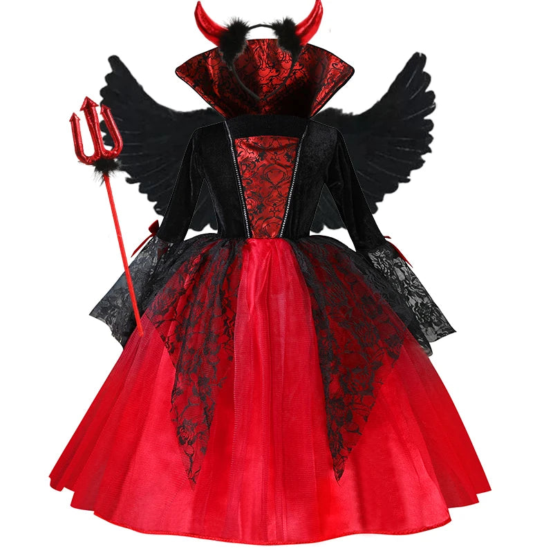 Kids vampire Halloween costume with black and red dress, wings, and decorative accessories