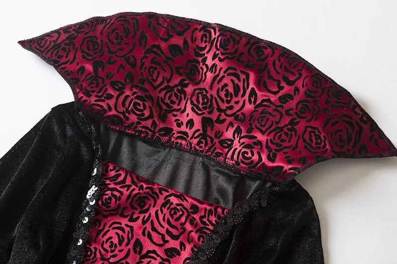 Kids vampire Halloween costume with a luxurious black and burgundy rose-patterned collar