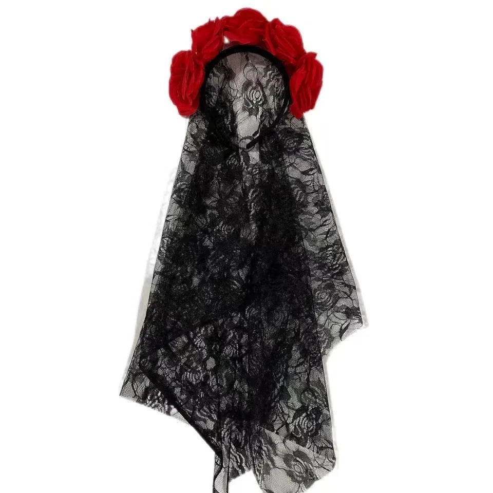 Kids vampire Halloween costume featuring a black lace veil and red rose headpiece accessories
