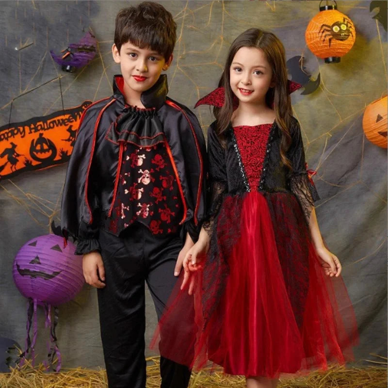 Kids vampire Halloween costume featuring a black and red dress and matching vest for festive fun