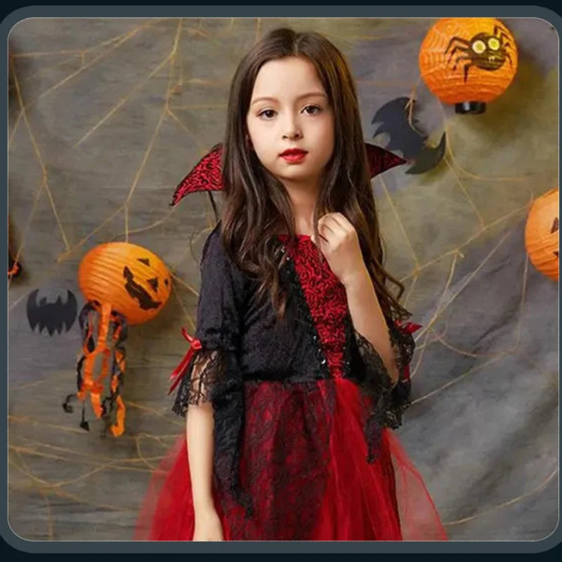 Kids vampire Halloween costume by Zoomies & Co featuring a red and black dress with dramatic collar