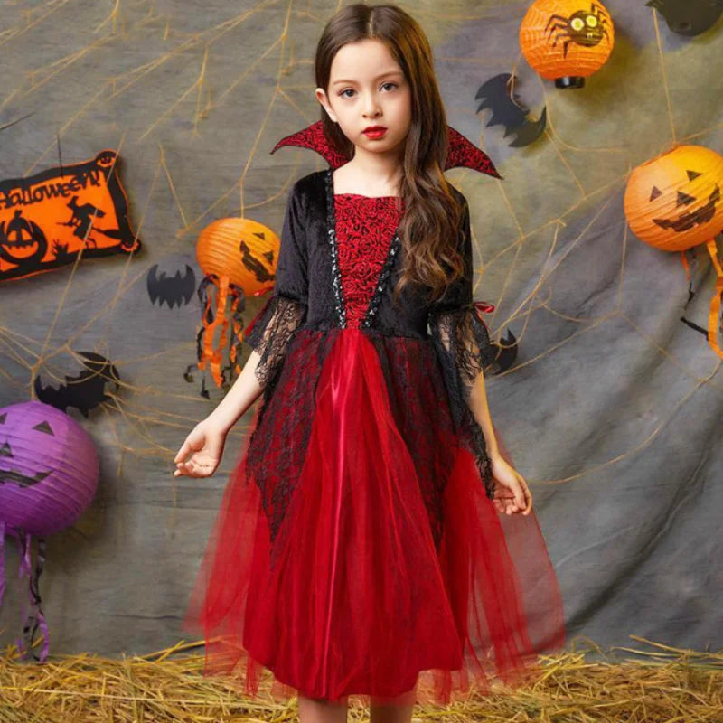 Girls kids vampire Halloween costume with red dress and lace cape for spooky celebrations.