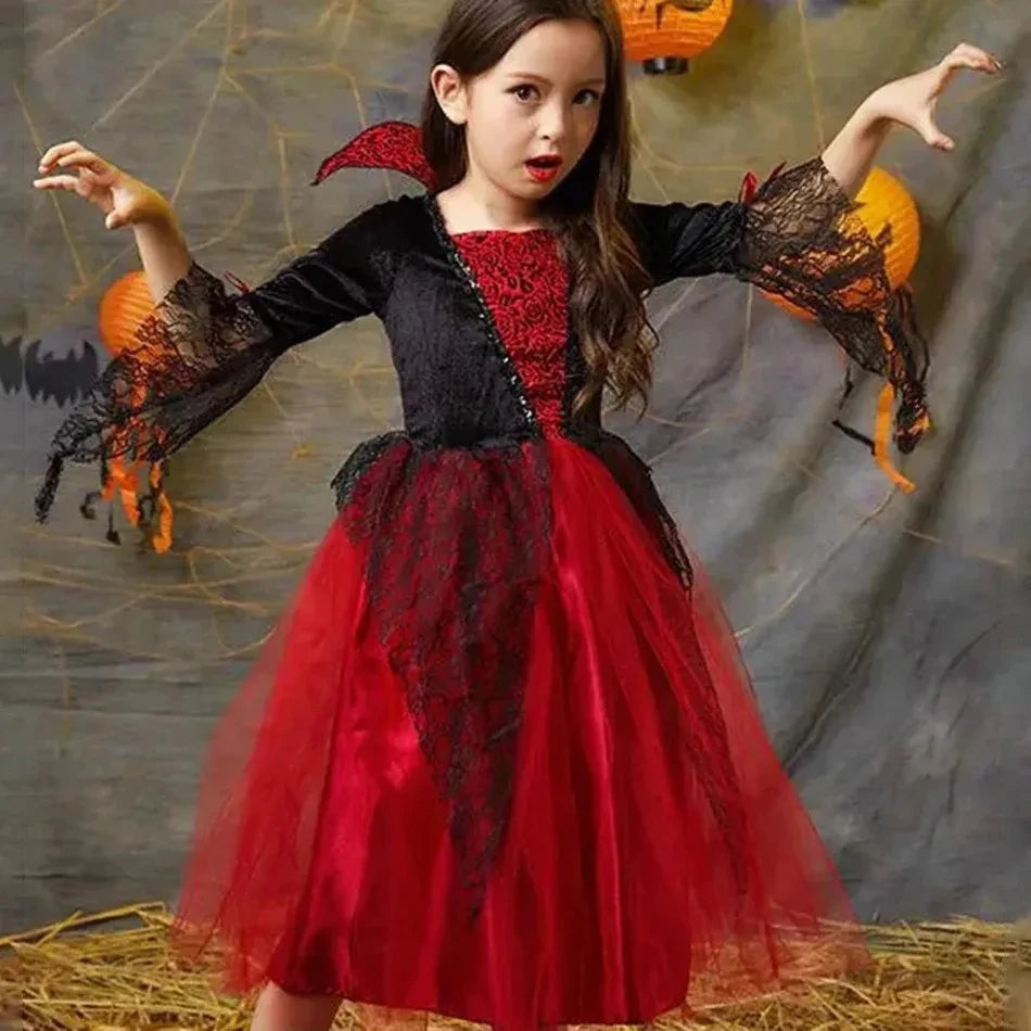 Kids vampire Halloween costume with black and red lace details for spooky festivities