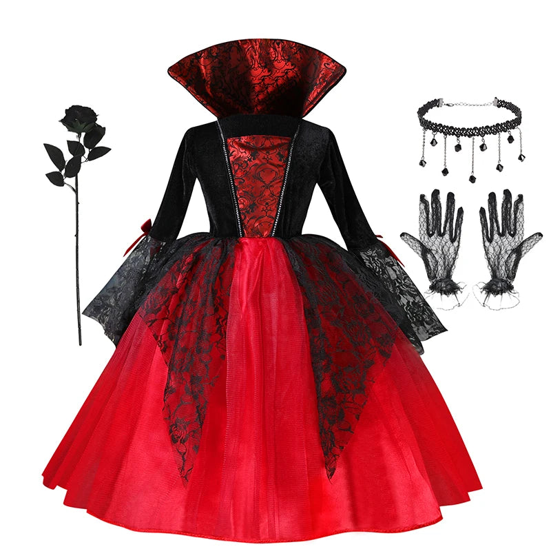 Kids vampire Halloween costume with a red and black dress, lace details, gloves, and accessories