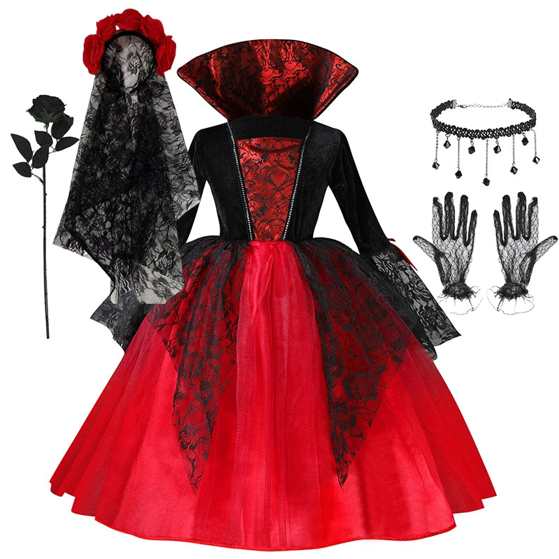 Kids vampire Halloween costume with black and red dress, lace gloves, veil, and accessories for festive fun