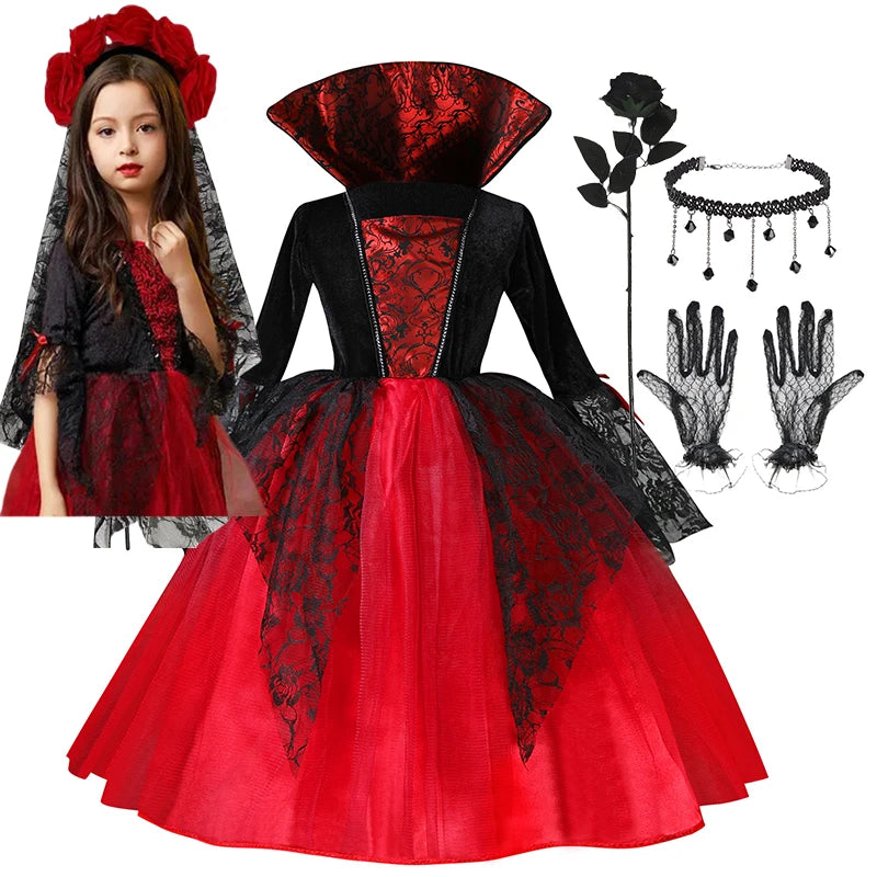 Kids vampire Halloween costume set with red and black dress, gloves, and accessories for spooky festivities