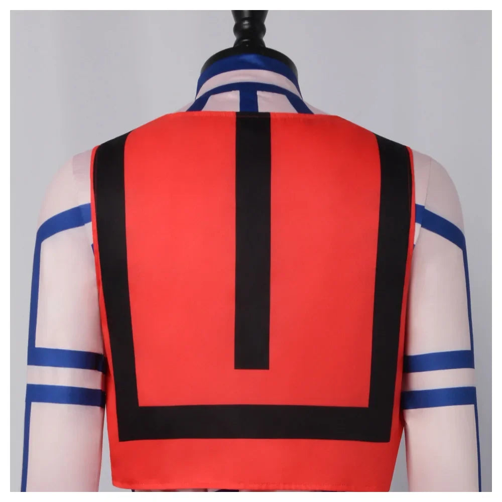 Back view of Kimetsu No Yaiba Akaza cosplay costume featuring bold red and blue design details