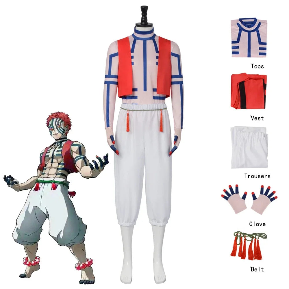 Kimetsu No Yaiba Akaza cosplay costume with detailed tops, trousers, gloves, and accessories for fans