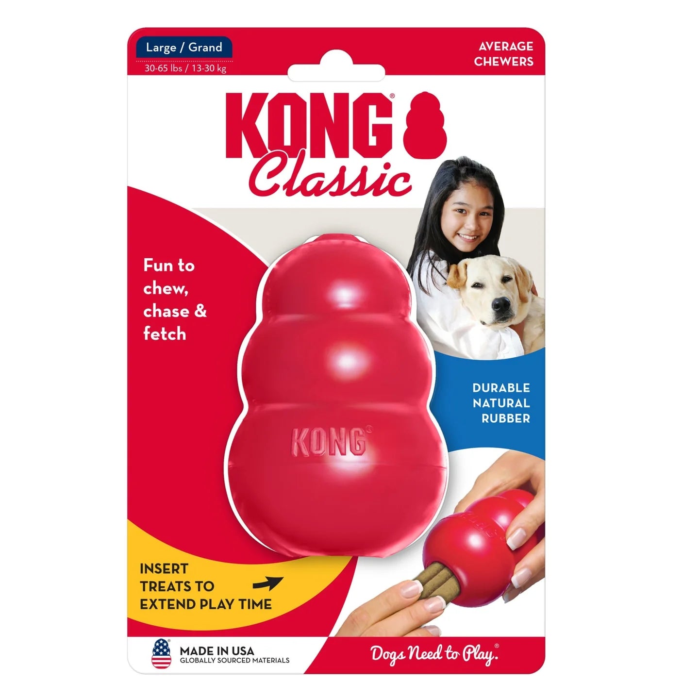 KONG Classic Dog Toy in red durable natural rubber for chewing chasing and fetching large size