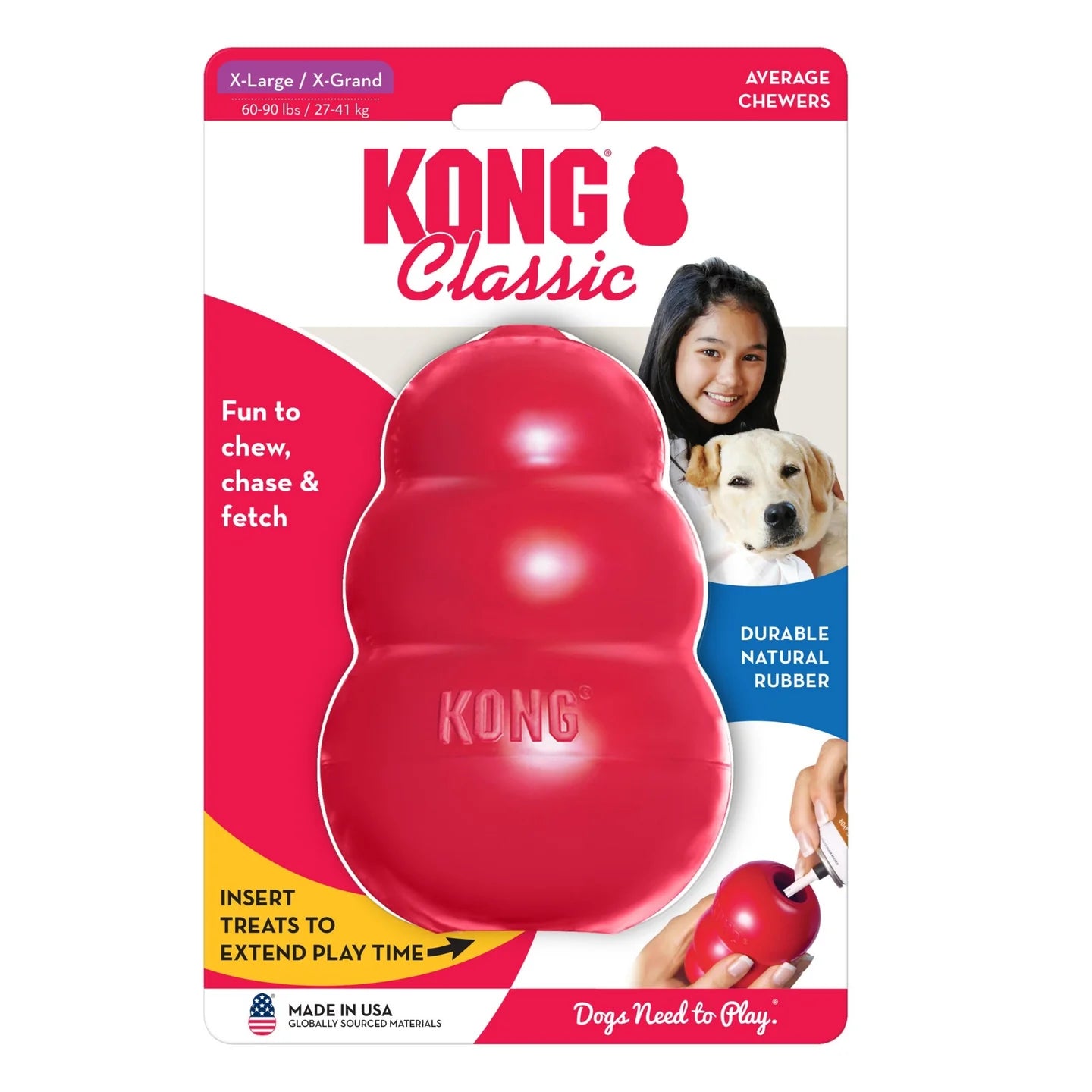 KONG Classic Dog Toy in red durable natural rubber for average chewers fun to chew chase and fetch
