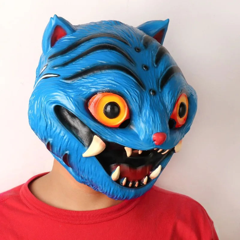 KPop demon hunter tiger mask in blue with fierce eyes and sharp teeth for costume parties