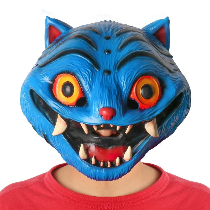 KPop demon hunter tiger mask in blue with vivid orange eyes and sharp fangs for a fun costume look