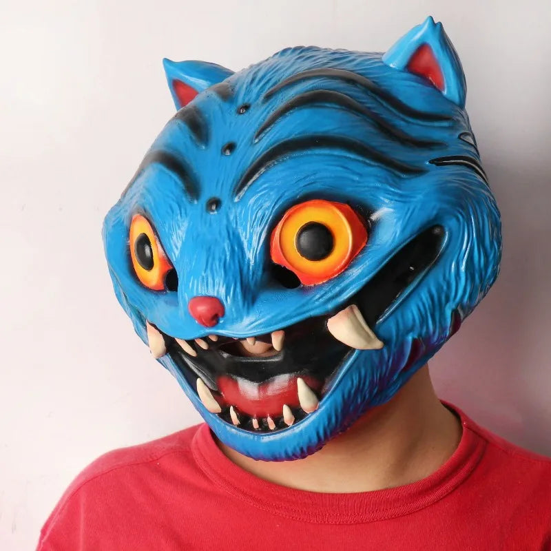 KPop demon hunter tiger mask in vibrant blue with sharp teeth and expressive eyes for costume wear