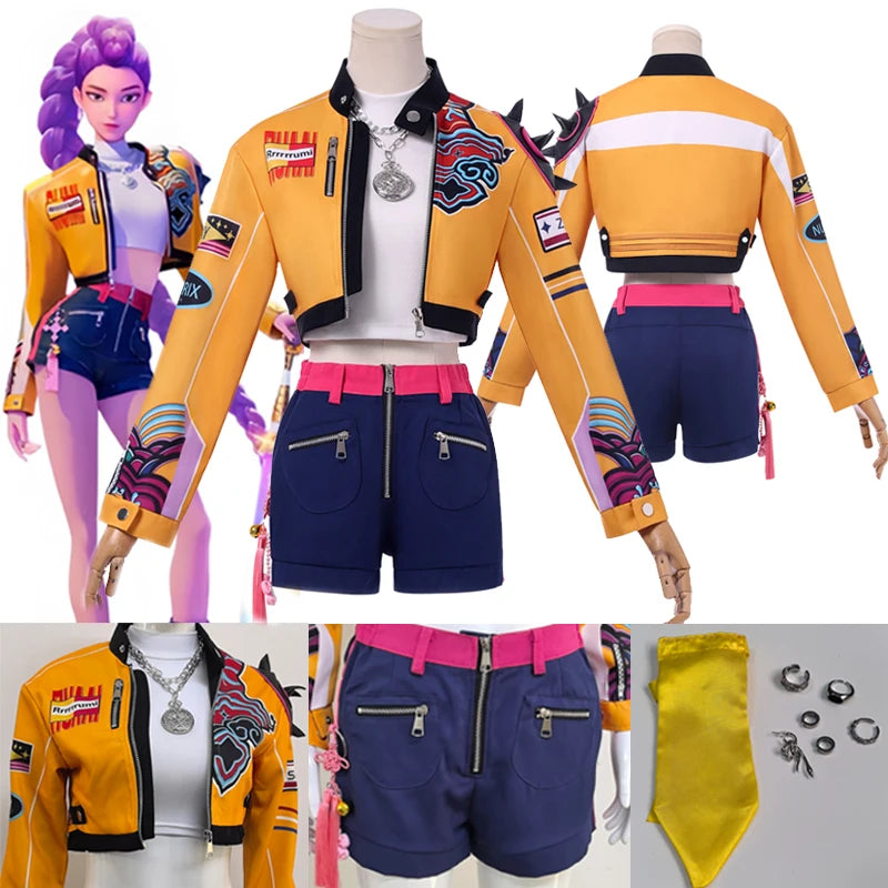 Demon Hunters Rumi cosplay clothes for carnival featuring a vibrant jacket and stylish shorts