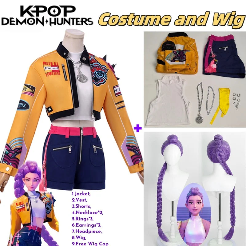 Demon Hunters Rumi cosplay clothes for carnival including jacket, vest, shorts, and wig