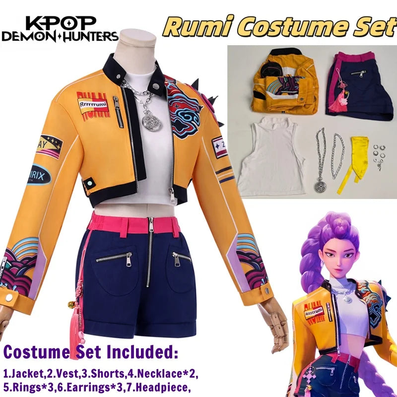 Demon Hunters Rumi cosplay clothes for carnival including jacket, vest, shorts, and accessories