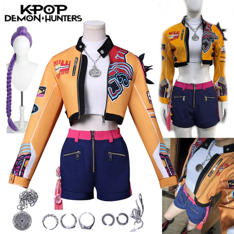 Demon Hunters Rumi cosplay clothes for carnival featuring stylish jacket and shorts, perfect for fans