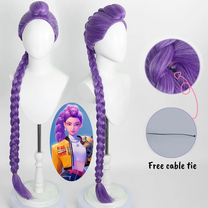 Demon Hunters Rumi cosplay clothes for carnival featuring a long purple braided wig with adjustable cable tie