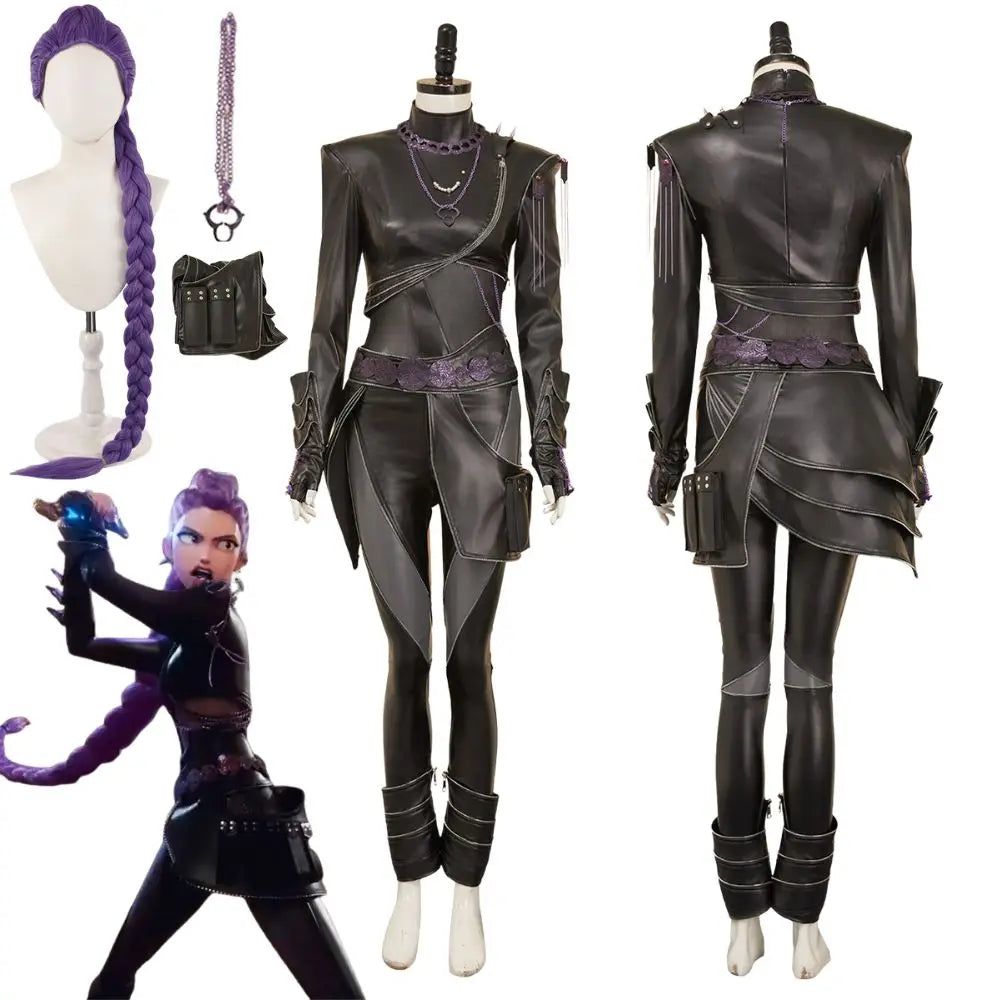 Kpop Demon Hunters Rumi cosplay costume featuring a black jumpsuit, accessories, and purple details