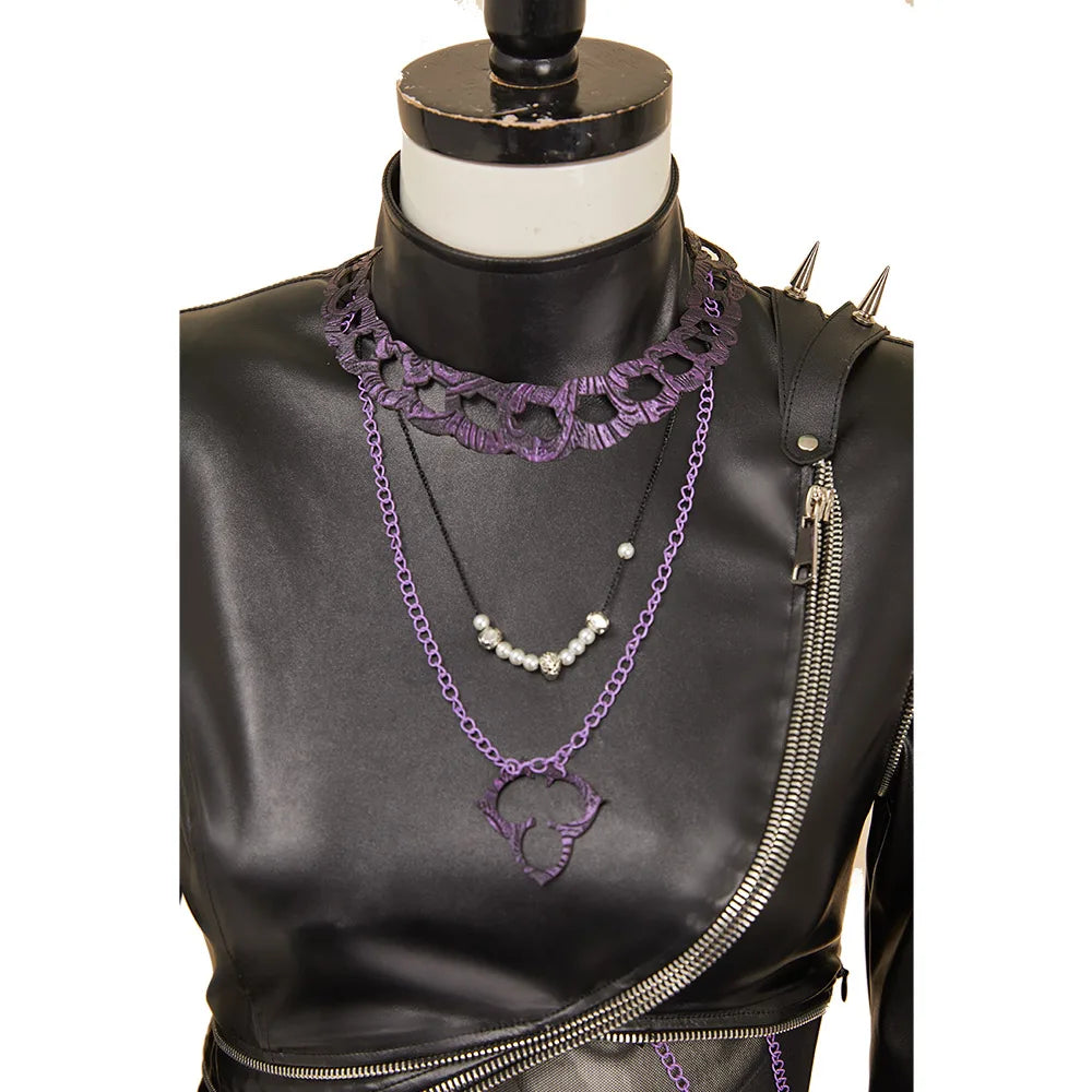 Close-up of Kpop Demon Hunters Rumi cosplay costume featuring stylish jewelry and leather details