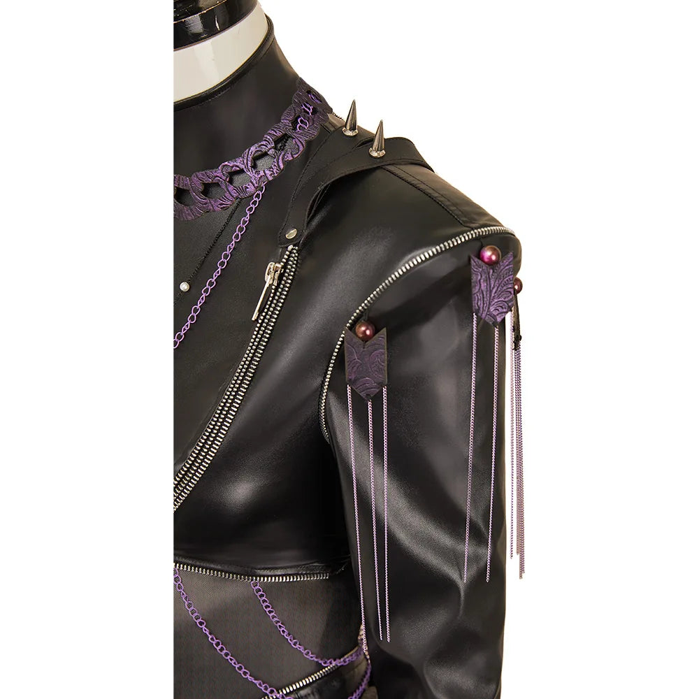 Kpop Demon Hunters Rumi cosplay costume featuring unique spikes and purple detailing on a faux leather design