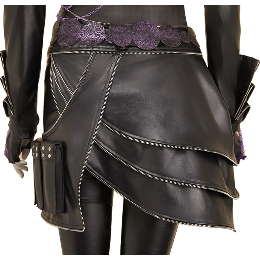 Close-up of black layered skirt from Kpop Demon Hunters Rumi cosplay costume with stylish details