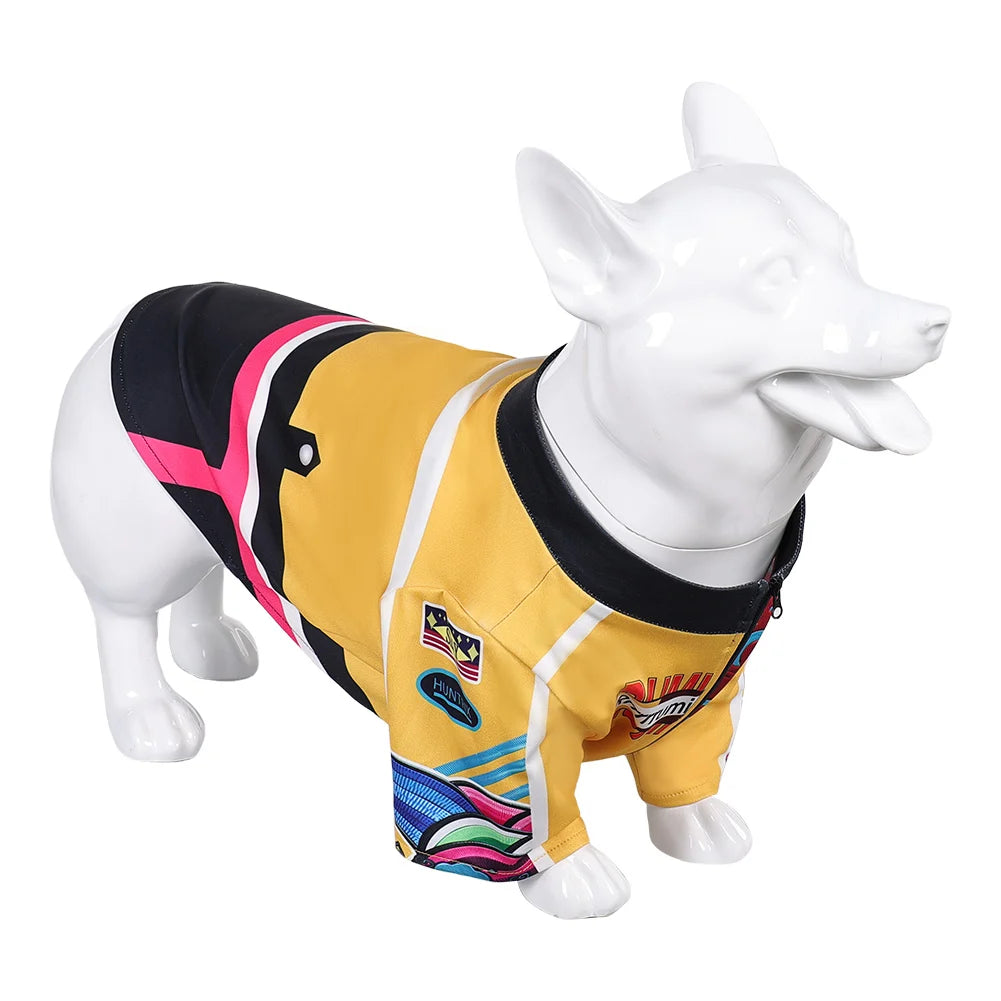 Colorful KPOP dog cosplay costume in yellow, pink, and blue for stylish pet outfits
