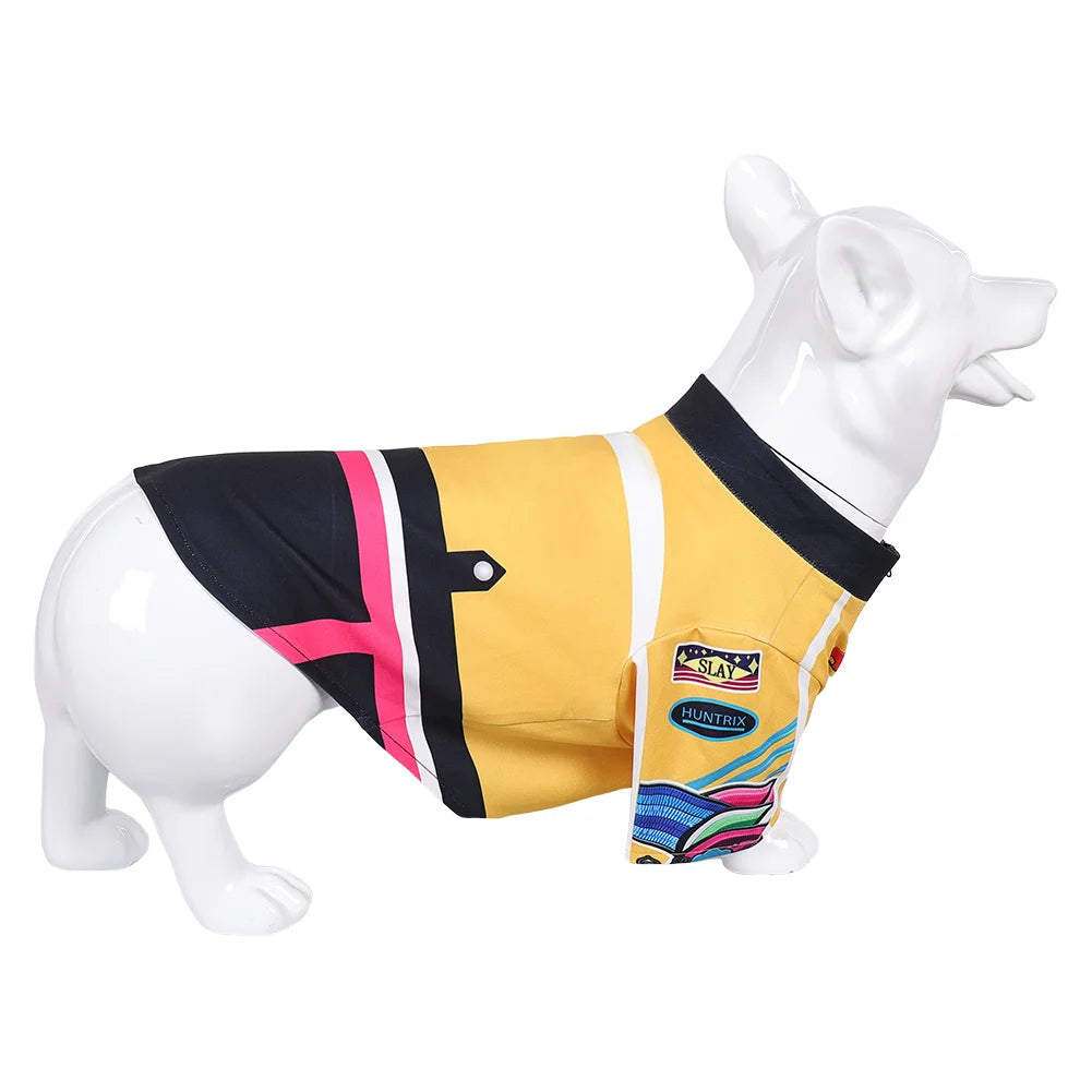 Bright yellow KPOP dog cosplay costume featuring colorful design for fashionable pets