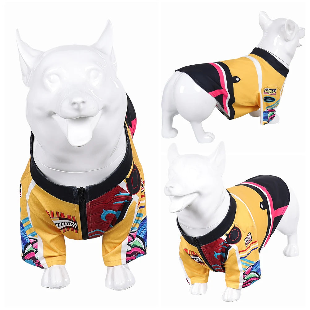 KPOP dog cosplay costume in vibrant colors for small to medium dogs with zip closure