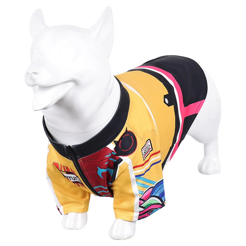 KPOP dog cosplay costume in yellow, pink, and black with fun graphic designs for pets