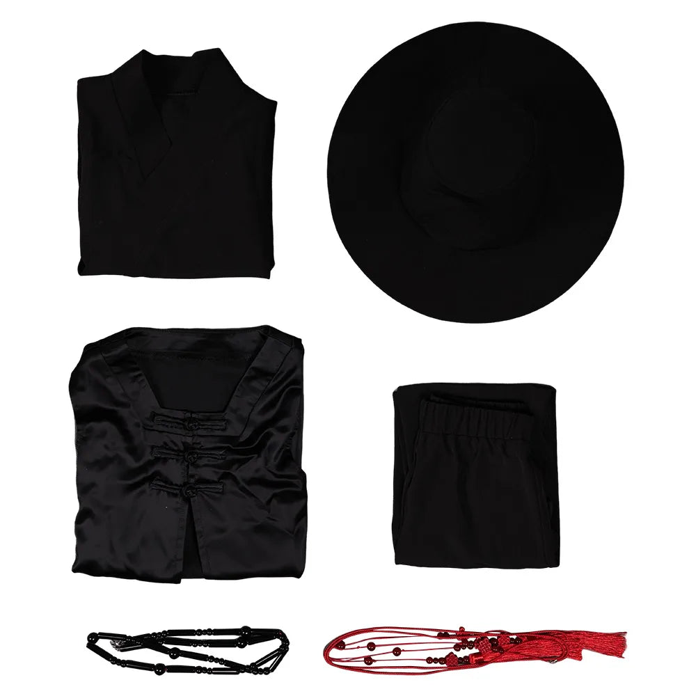 Kpop Jinu cosplay outfit for kids featuring a black top, hat, pants, and accessories